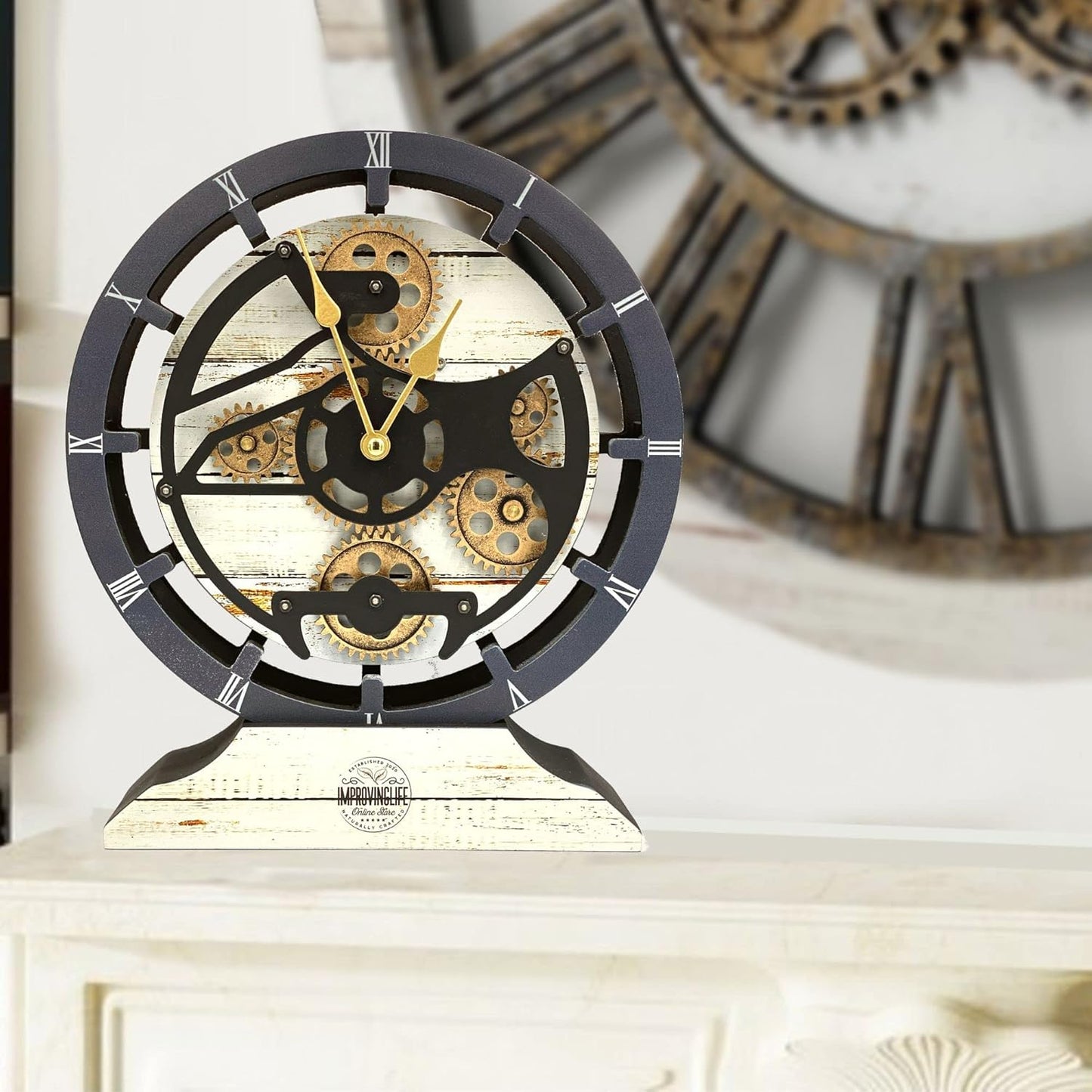 The Gears Clock Desk Clock 10 inches with Real Moving Gears Convertible into Wall Clock (Desert Beige)