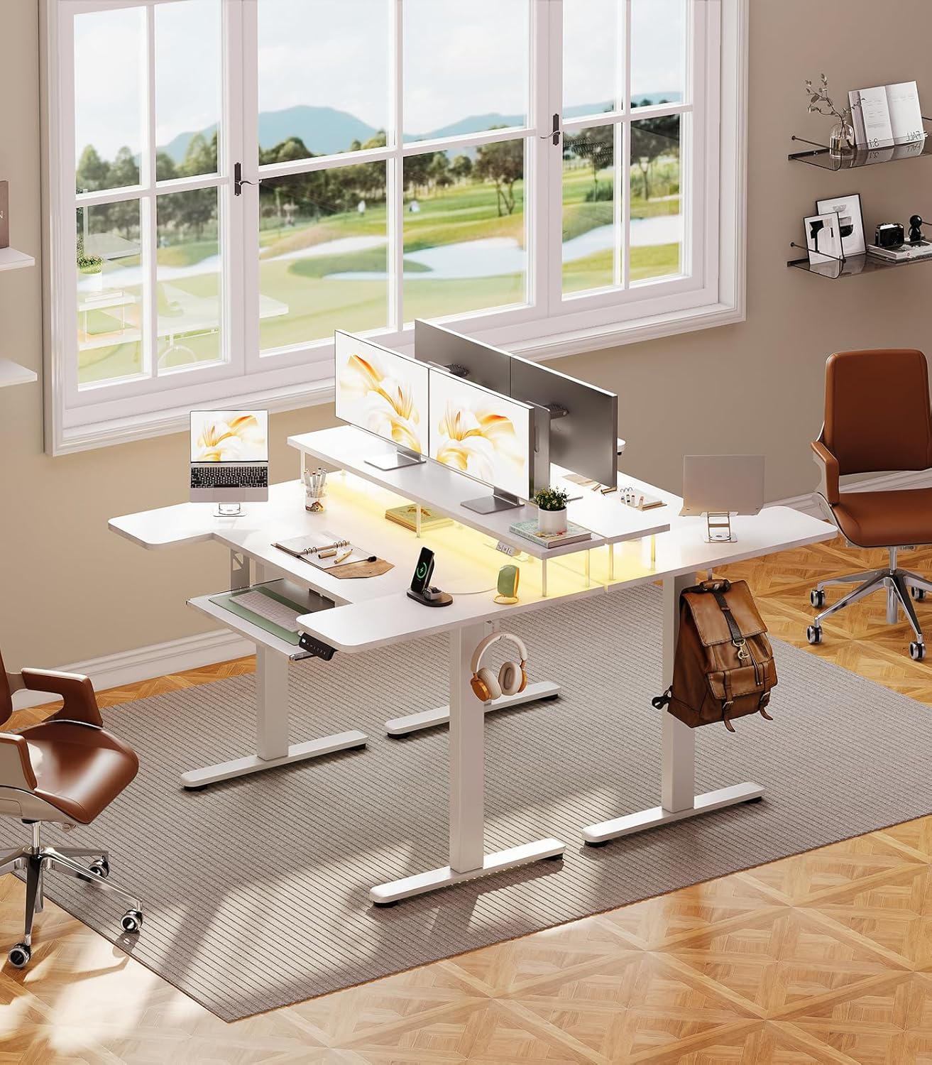 OffiGo U Shaped Electric Standing Desk with Keyboard Tray, 48 Inch Height Adjustable Desk with Power Outlets & LED Lights, Sit Stand Table with Monitor Stand for Home, Office, White