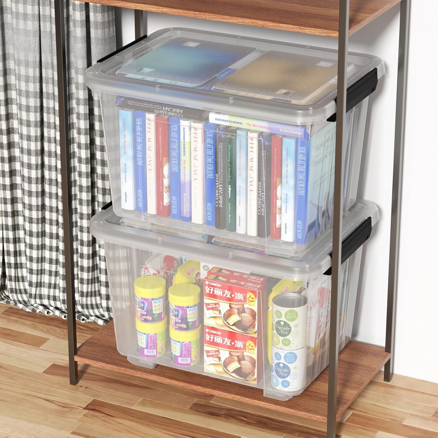 4-Pack 50 Quarts Plastic Box with Lids, Large Clear Latch Storage Tote, Stackable Bin with Wheels