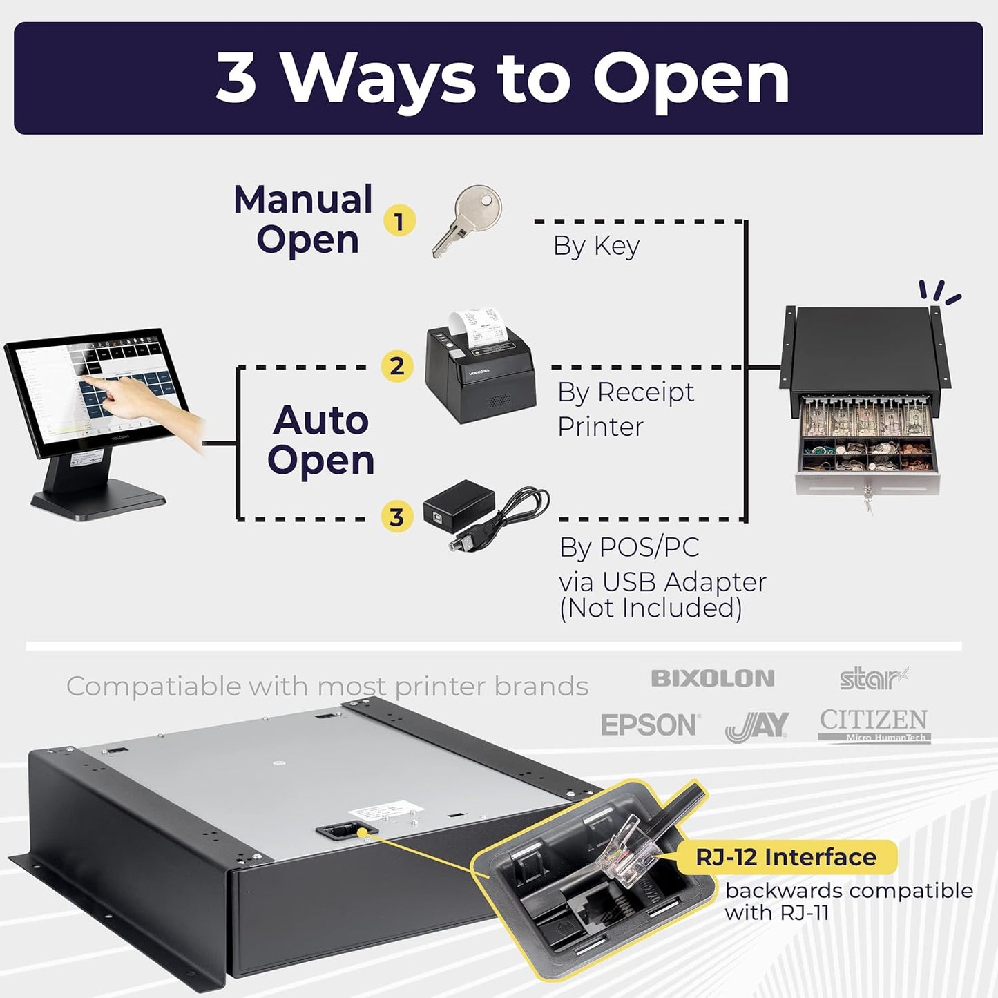 Volcora Cash Register Drawer with Under Counter Mounting Bracket- 16" Black/Stainless Steel Front Drawer for POS, Fully Removable 2 Tier Cash Tray 5 Bill 8 Coin Compartment 24V RJ11/RJ12 Key-Lock