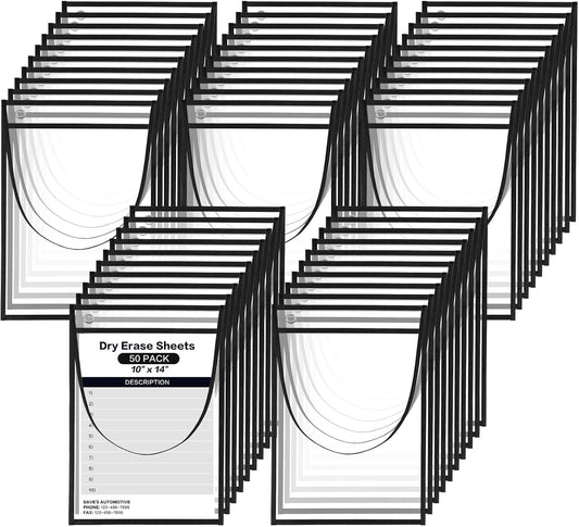 50 Pack Job Ticket Holders, Black 14 x 10 Inch Reusable Dry Erase Pocket with Strap Work Order Plastic Sleeves Shop Ticket Dry Erase Sheet Protectors for Teacher Classroom Office