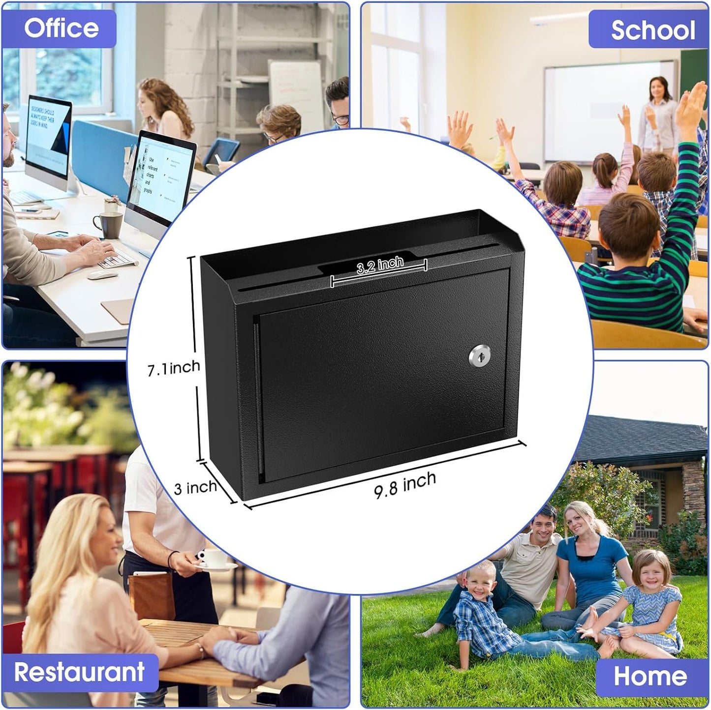 MaxGear Metal Suggestion Box with Lock 9.8" x 3" x 7", Black Seure Locked MailBox,Wall Mounted MailBox, Ballot Box with 50 Suggestion Cards ﻿