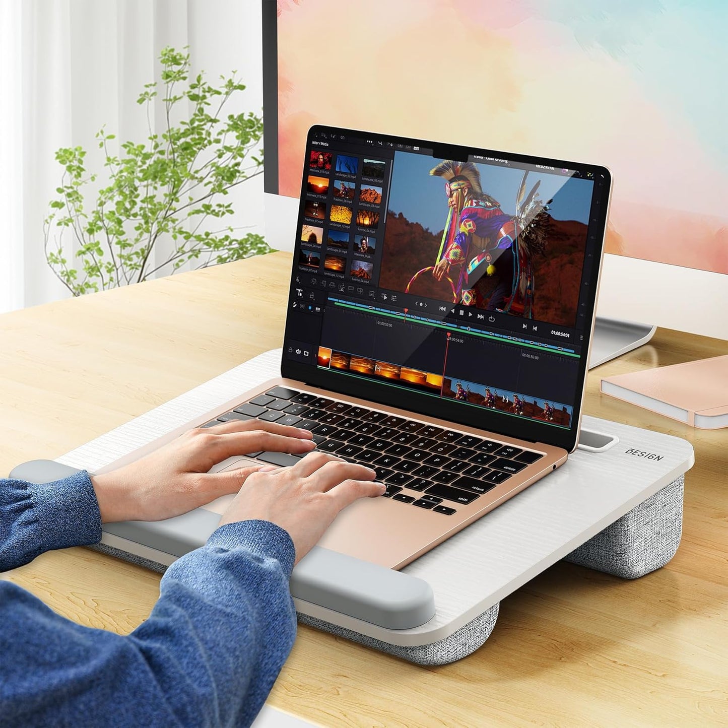 Besign LT08 Laptop Stand, Portable Lap Desk with Pillow Cushion, Fits up to 14 inch Laptop, with Anti-Slip Strip for Desk, Sofa & Bed, White and Gray