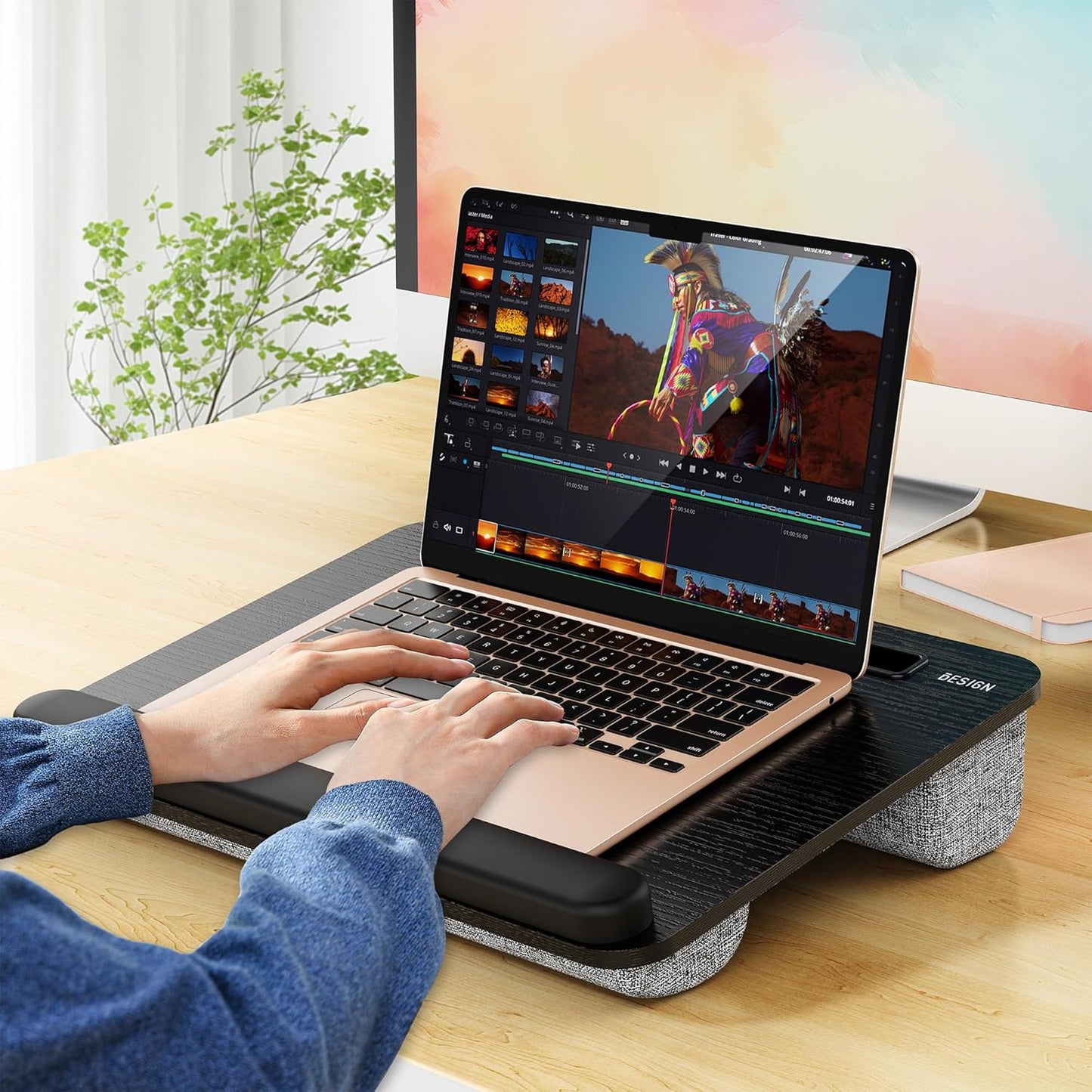 Besign LT08 Laptop Stand, Portable Lap Desk with Pillow Cushion, Fits up to 14 inch Laptop, with Anti-Slip Strip for Desk, Sofa & Bed, Black and Gray