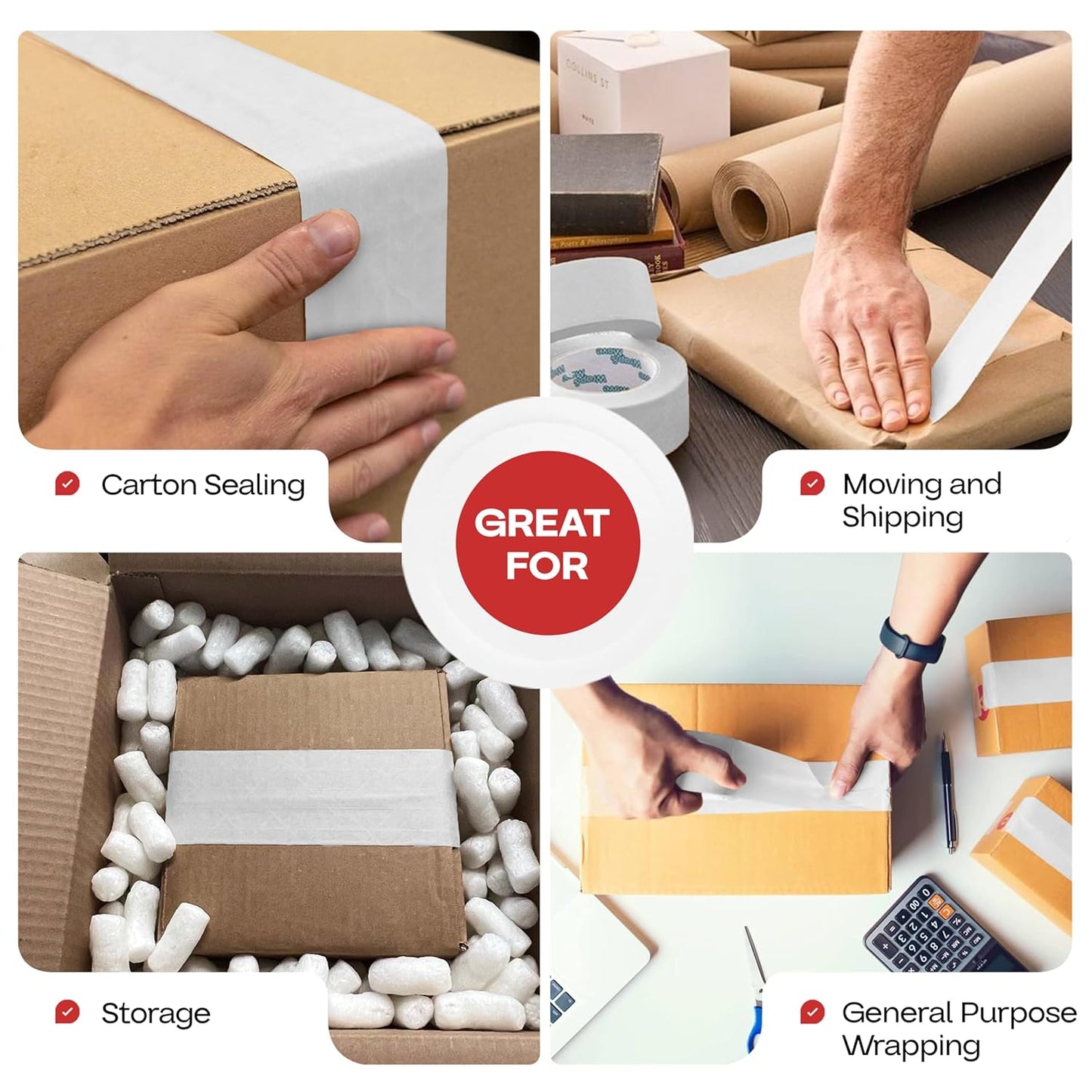 IDL Packaging 3" x 375 feet Reinforced Water-Activated Kraft Gummed Tape 70lb Thickness (Pack of 8) - Secure Paper Packing Tape for Secure Carton Sealing - Heavy-Duty for All Conditions, White