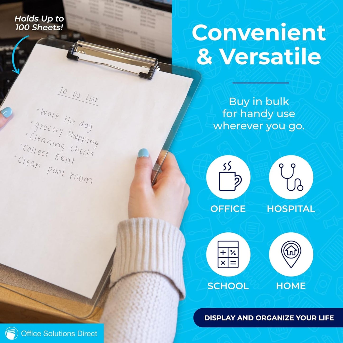 Plastic Clipboards (Set of 6) Transparent Clipboard (Clear) Strong 12.5 x 9 Inch | Holds 100 Sheets! Acrylic Clipboards with Low Profile Clip | Bulk Back to School Supplies for Teachers