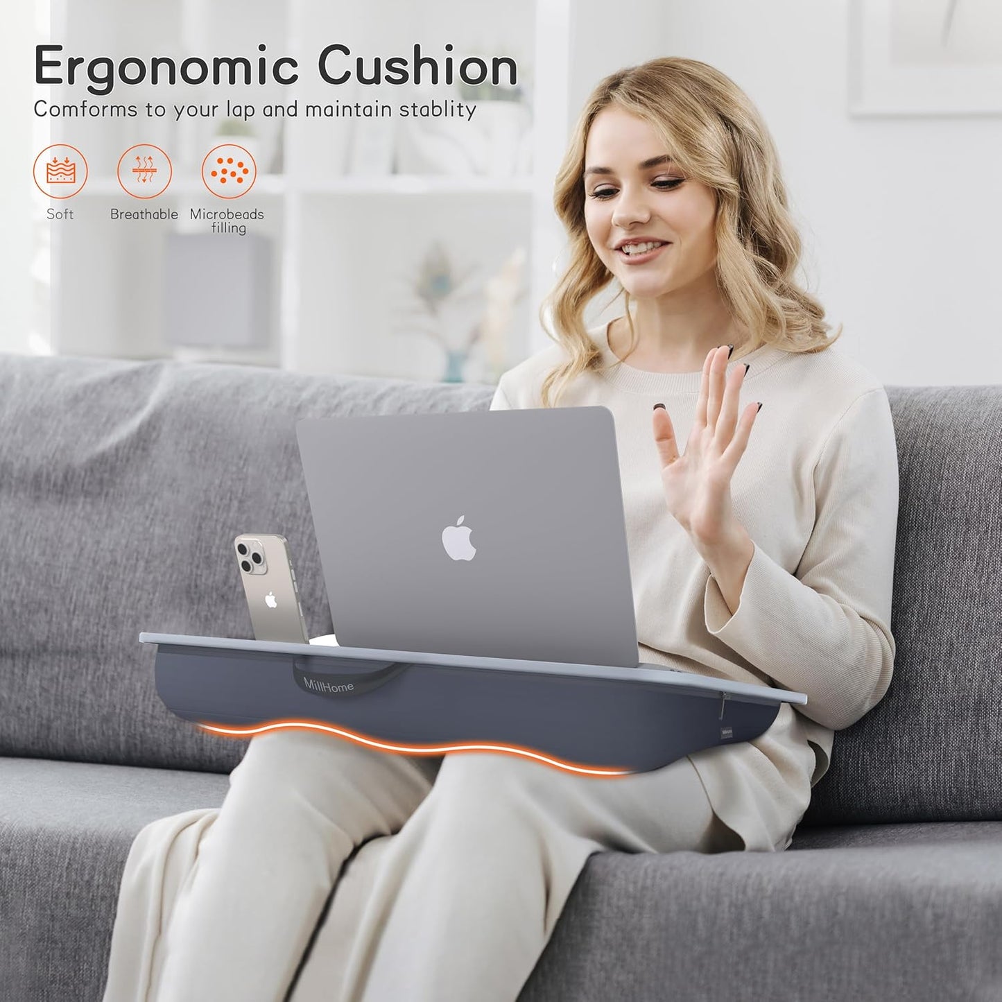 Lap Desk, Lap Desk with Cushion, Fits up to 17 inch Laptop, Pillow Designed, Portable Laptop Stand with Tray, Pad & Phone Holder, Home Office for Bed/Couch/Car/Reading/Writing, MillHome (Gray)