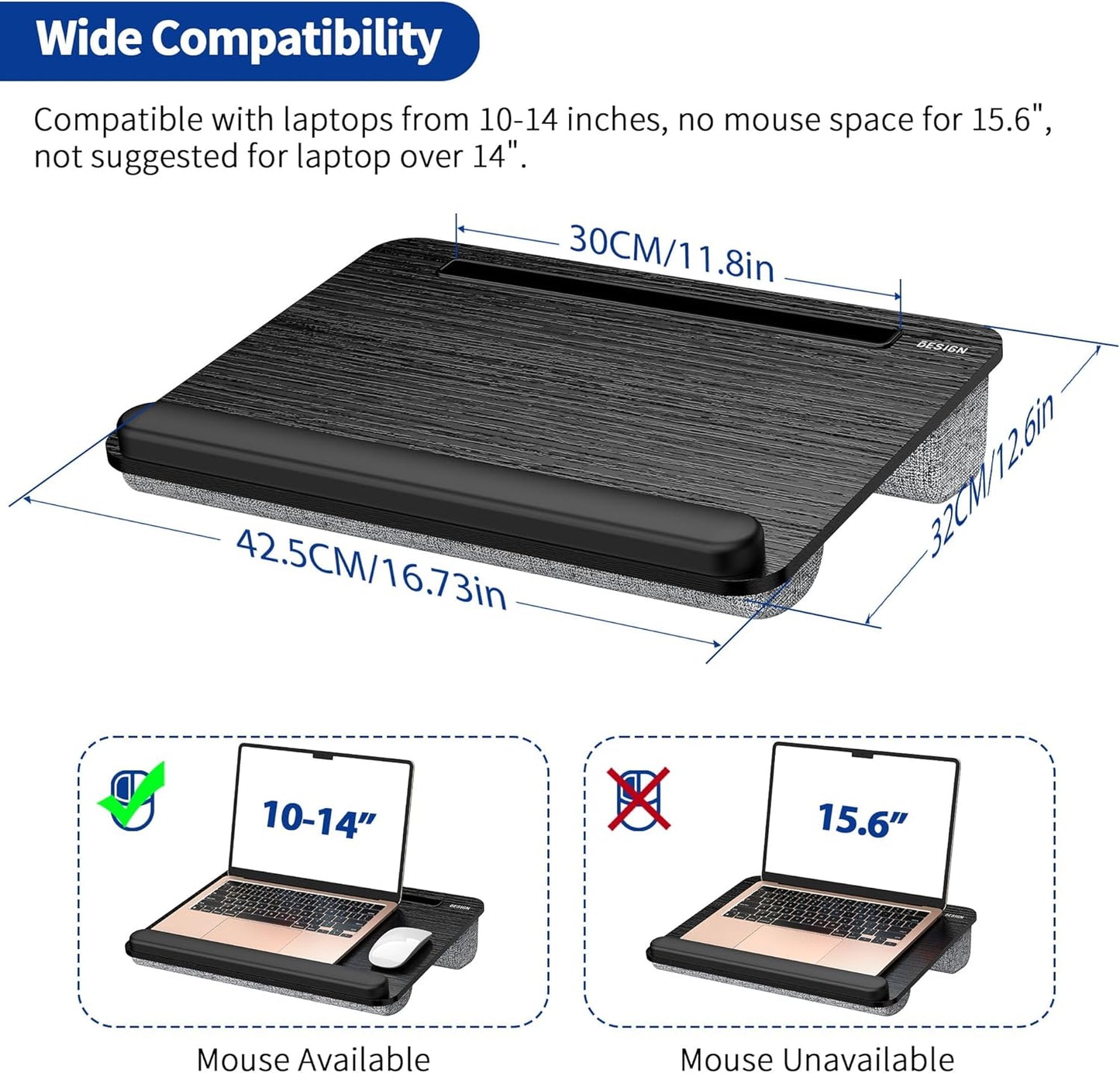 Besign LT08 Laptop Stand, Portable Lap Desk with Pillow Cushion, Fits up to 14 inch Laptop, with Anti-Slip Strip for Desk, Sofa & Bed, Black and Gray