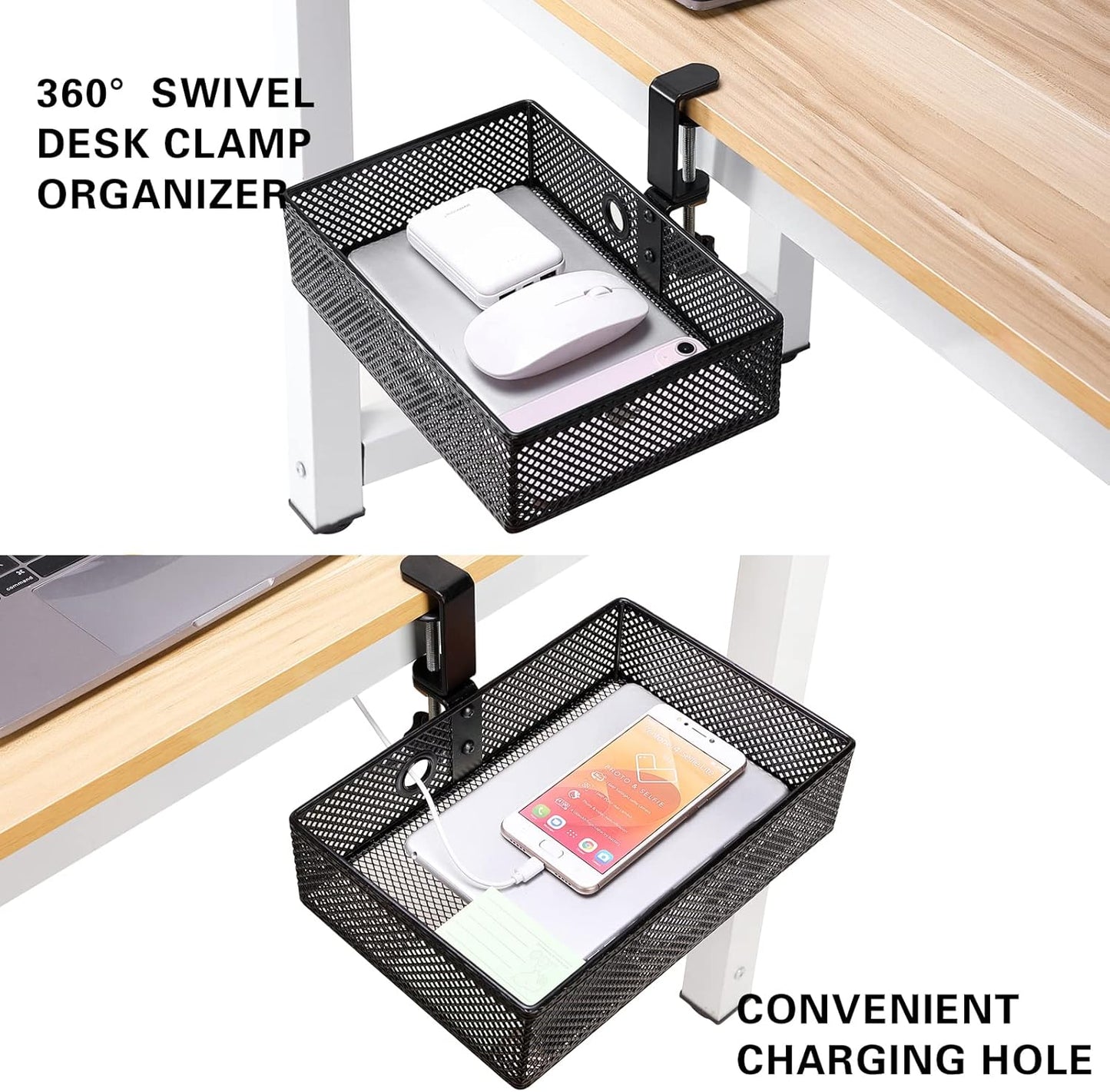 Mesh Desk Organizer and Clamp-on Swivel Pencil Drawer, Desk Hidden Extra Sturdy C-Clamp Mount System and Easy to Instal, Home Office Art Supply Storage Box (Black)