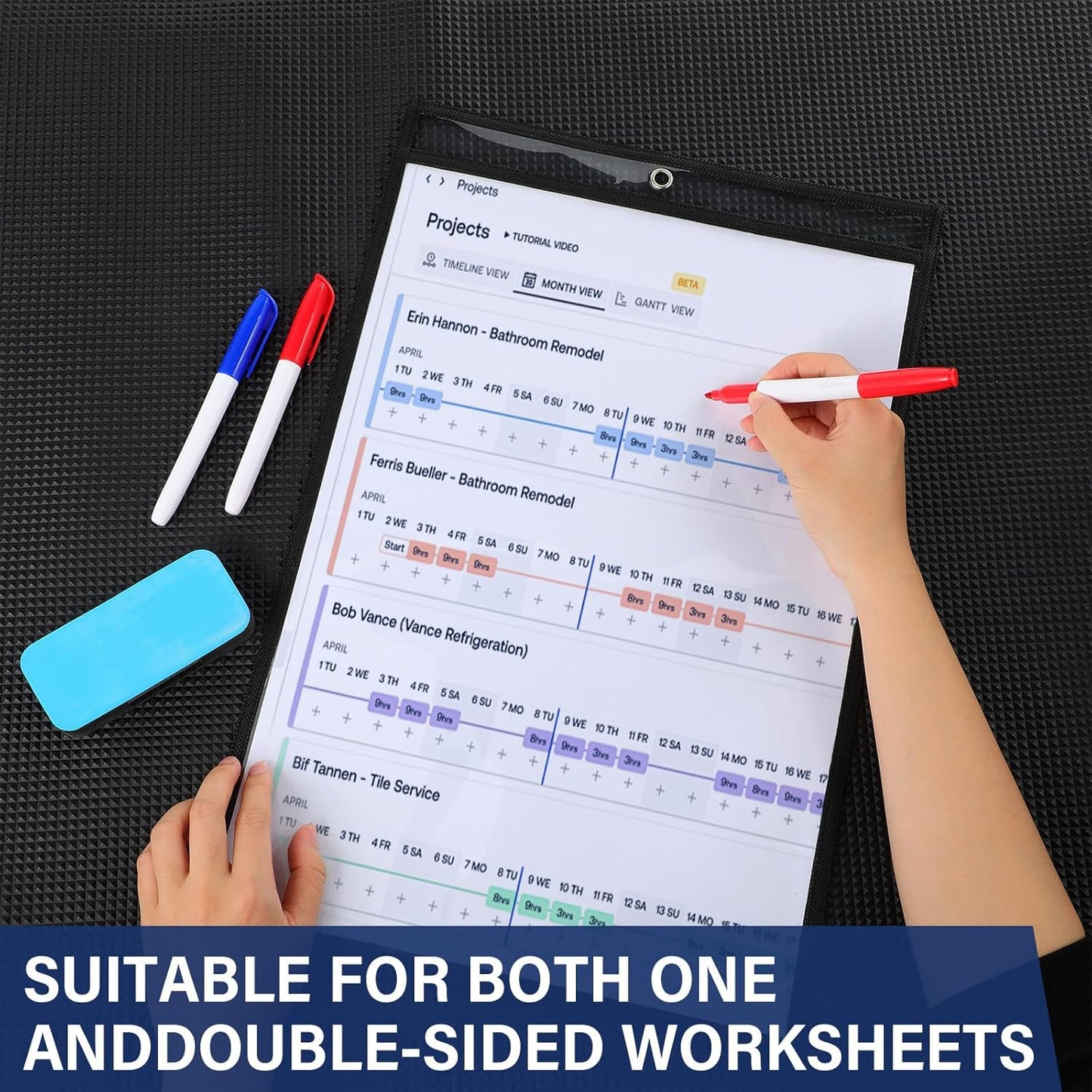 Yunsailing 80 Pack Dry Erase Pockets Job Ticket Holders Black Clear Reusable Dry Erase Shop Order Holder Plastic Ticket Pocket Protector Sleeves for Work Office Organization(12'' X 18.6'',Vertical)