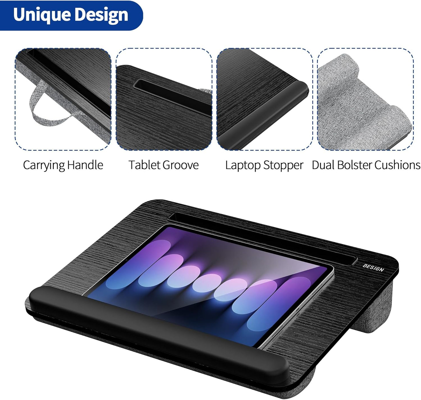 Besign LT08 Laptop Stand, Portable Lap Desk with Pillow Cushion, Fits up to 14 inch Laptop, with Anti-Slip Strip for Desk, Sofa & Bed, Black and Gray