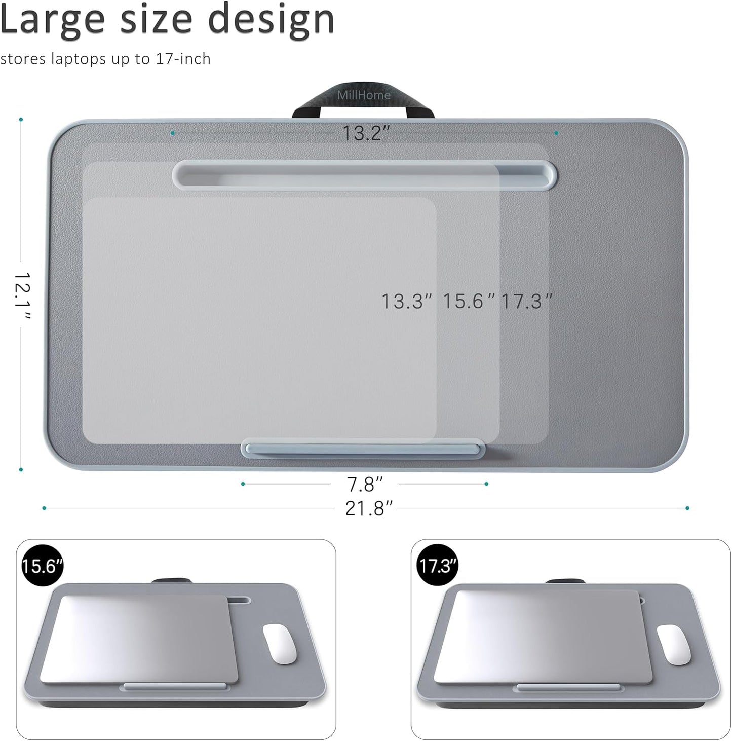 Lap Desk, Lap Desk with Cushion, Fits up to 17 inch Laptop, Pillow Designed, Portable Laptop Stand with Tray, Pad & Phone Holder, Home Office for Bed/Couch/Car/Reading/Writing, MillHome (Gray)