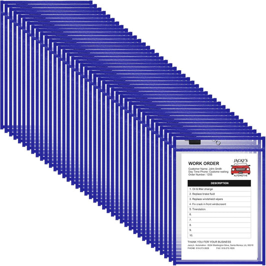 Nezyo Dry Erase Pockets Plastic Job Ticket Holders Shop Holder Order Pockets Clear Sleeves Tickets Folders Plastic Sleeves Paper Teacher Supplies for Classroom(12 x 9.5 in,Blue,50 Pcs)