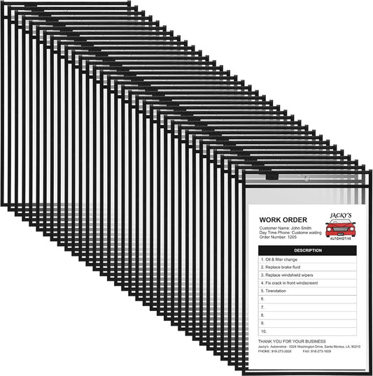 Nezyo Dry Erase Pockets Plastic Job Ticket Holders Shop Holder Order Pockets Clear Sleeves Tickets Folders Plastic Sleeves Paper Teacher Supplies for Classroom(12 x 18.6 in,Black,50 Pcs)