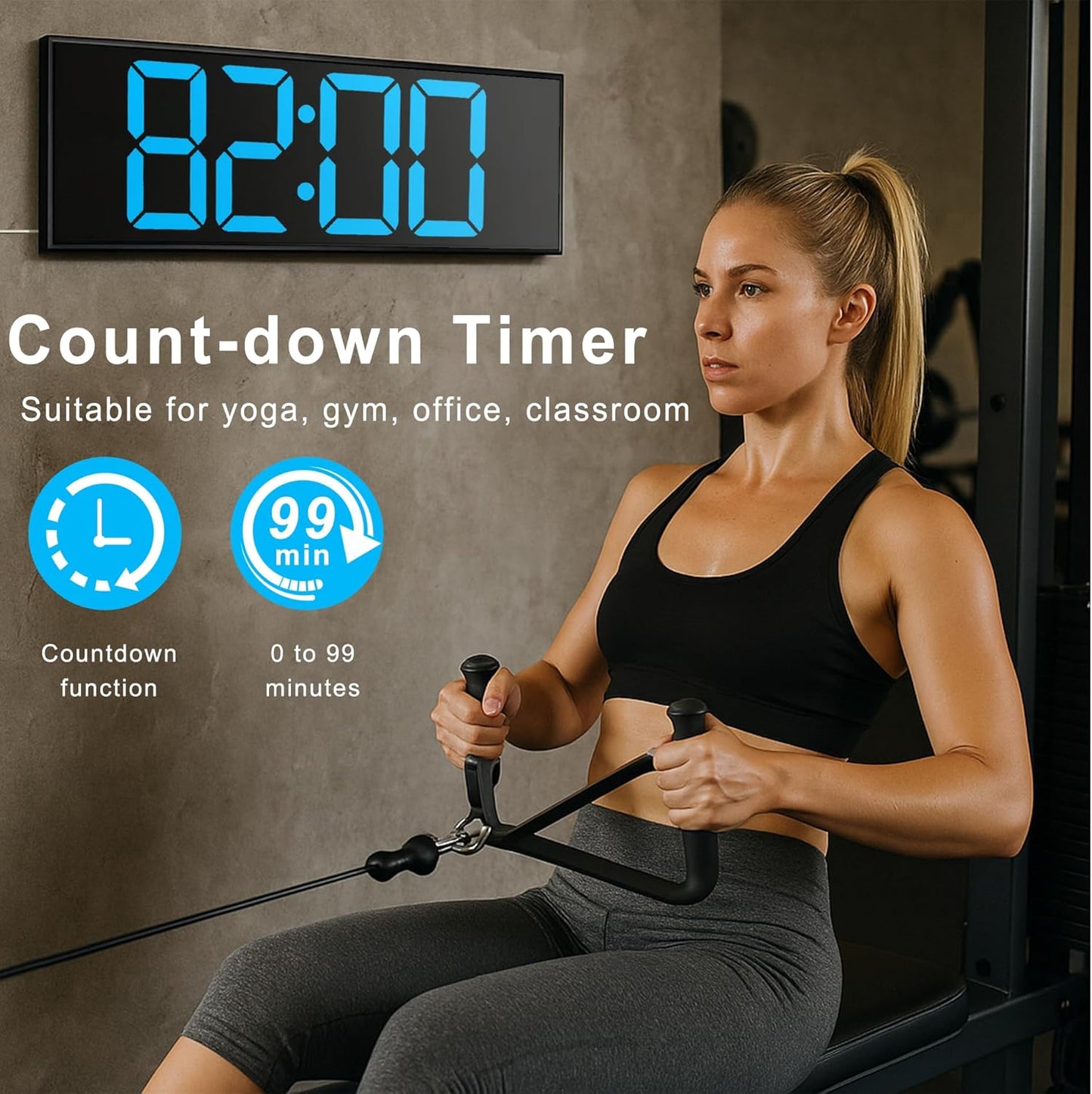 TrophyRak 16" Large Digital Wall Mount Clock, Count Down Timer, Alarm, Big LED, RGB Color, DST, Temperature for Living Room Classroom Desk, Wall, Xmas, Birthday Gift for Senior Mom Dad, Blue White