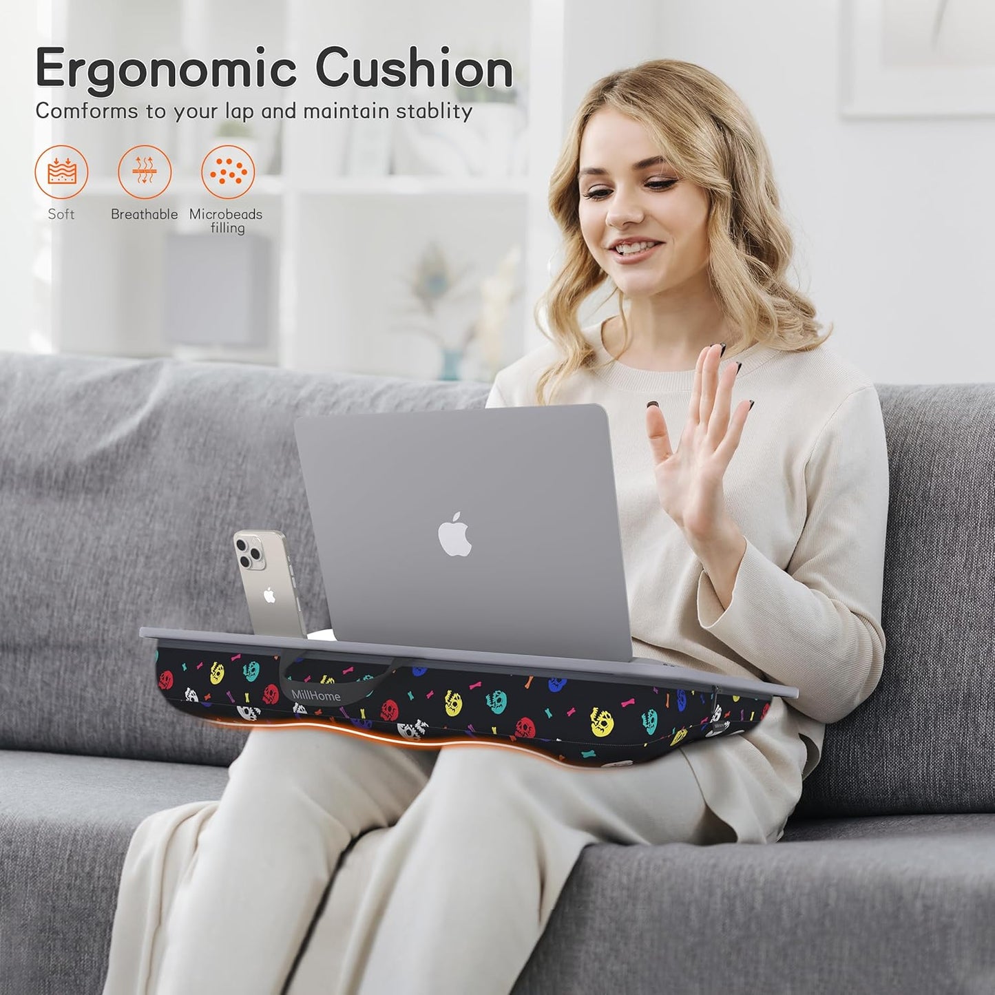 Millhome Lap Desk | Portable Laptop Desk – Fits Up to 17.3" Laptops – Detachable & Washable Cushion, Phone Holder, Device Ledge – for Writing, Working, Reading on Bed, Couch, Sofa, Floor – Black Skull