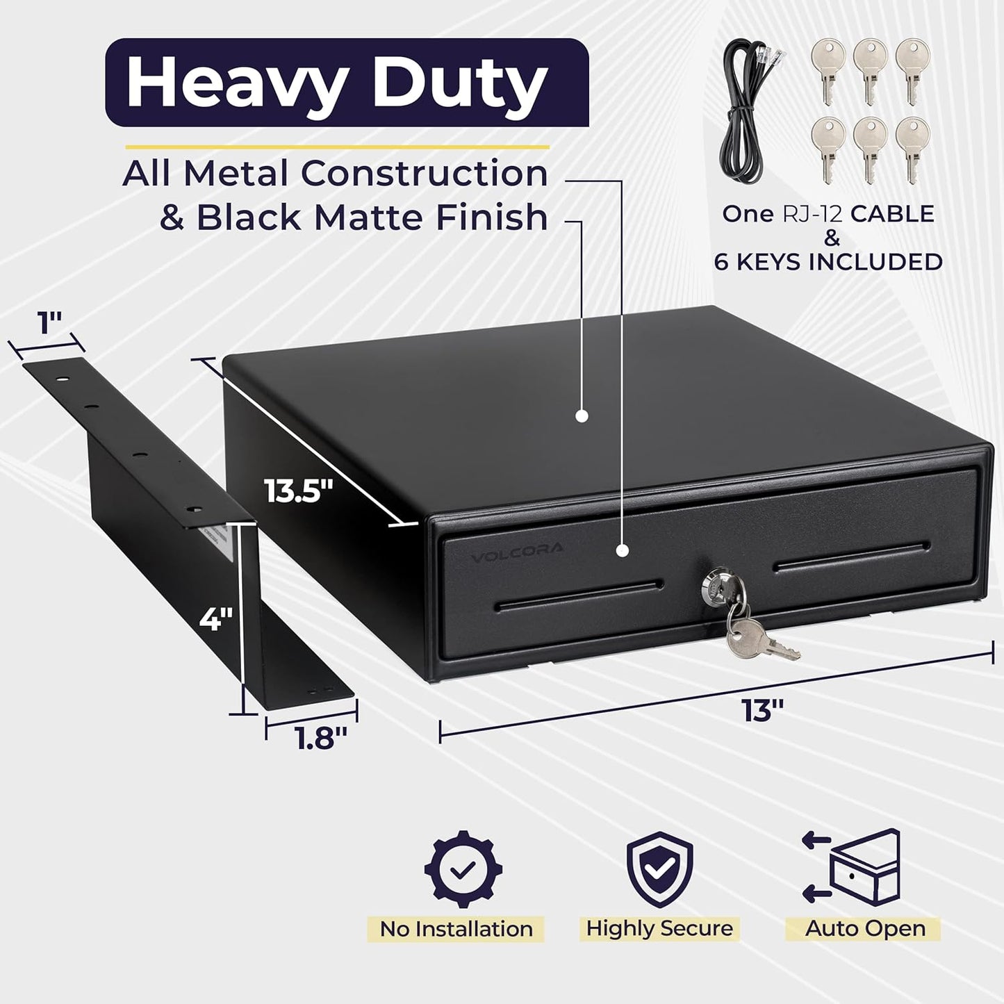 Volcora Cash Register Drawer with Under Counter Mounting Metal Bracket, 13" Black Cash Drawer for POS, 4 Bill 5 Coin Cash Tray, Fully Removable 2Tier Compartment 24V RJ11/RJ12 Key-Lock, 2 Media Slots