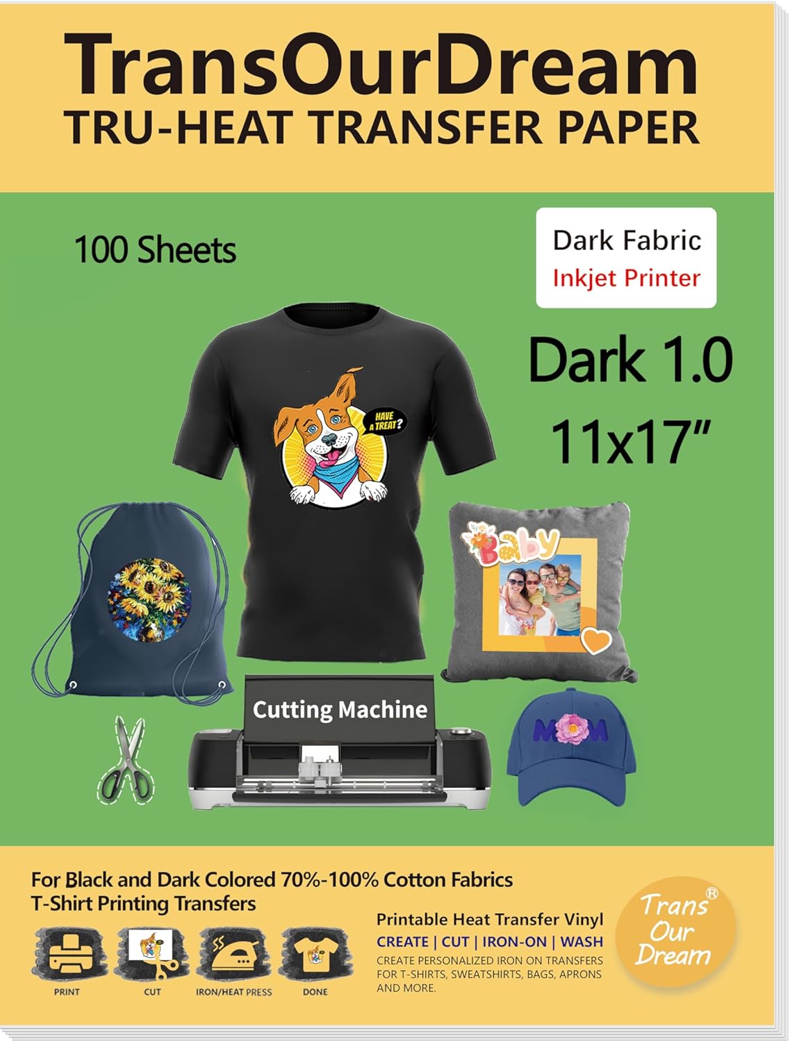 TransOurDream Dark Heat Transfer Paper for T Shirts (100 Sheets, 11x17") Printable HTV Heat Transfer Vinyl for Inkjet Printer Iron on Transfers for Dark Fabrics