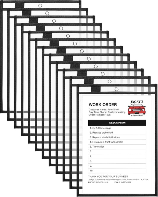 Nezyo Dry Erase Pockets Plastic Job Ticket Holders Shop Holder Order Pockets Clear Sleeves Tickets Folders Plastic Sleeves Paper Teacher Supplies for Classroom(14 x 10 in,Black,12 Pcs)