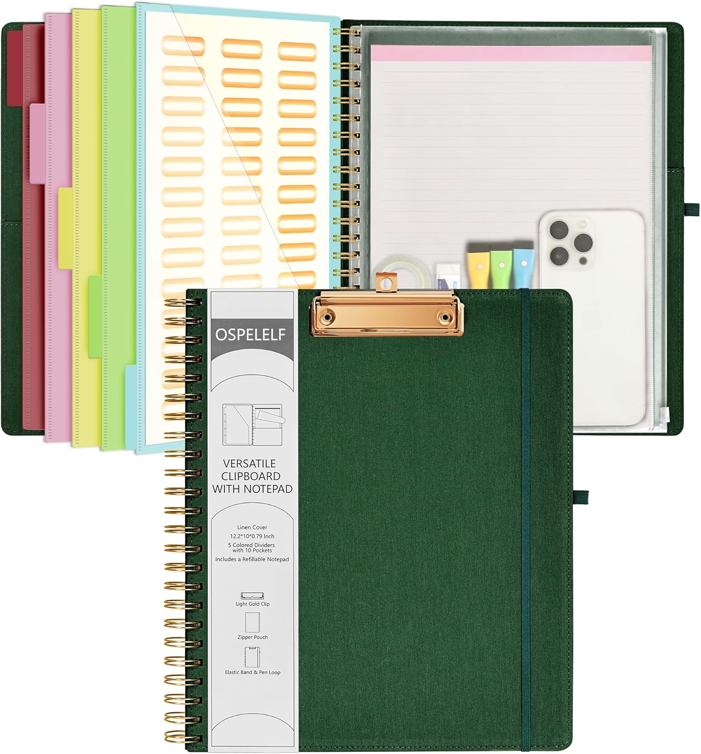 Ospelelf Foldable Spiral Clipboard Folio with Storage Zipper Pouch, 5 Plastic Folders with 10 Pockets,Refillable Lined Notepad (11" x 8.5"), Hardcover Project Organizer with 39 Stickers (Dark Green)