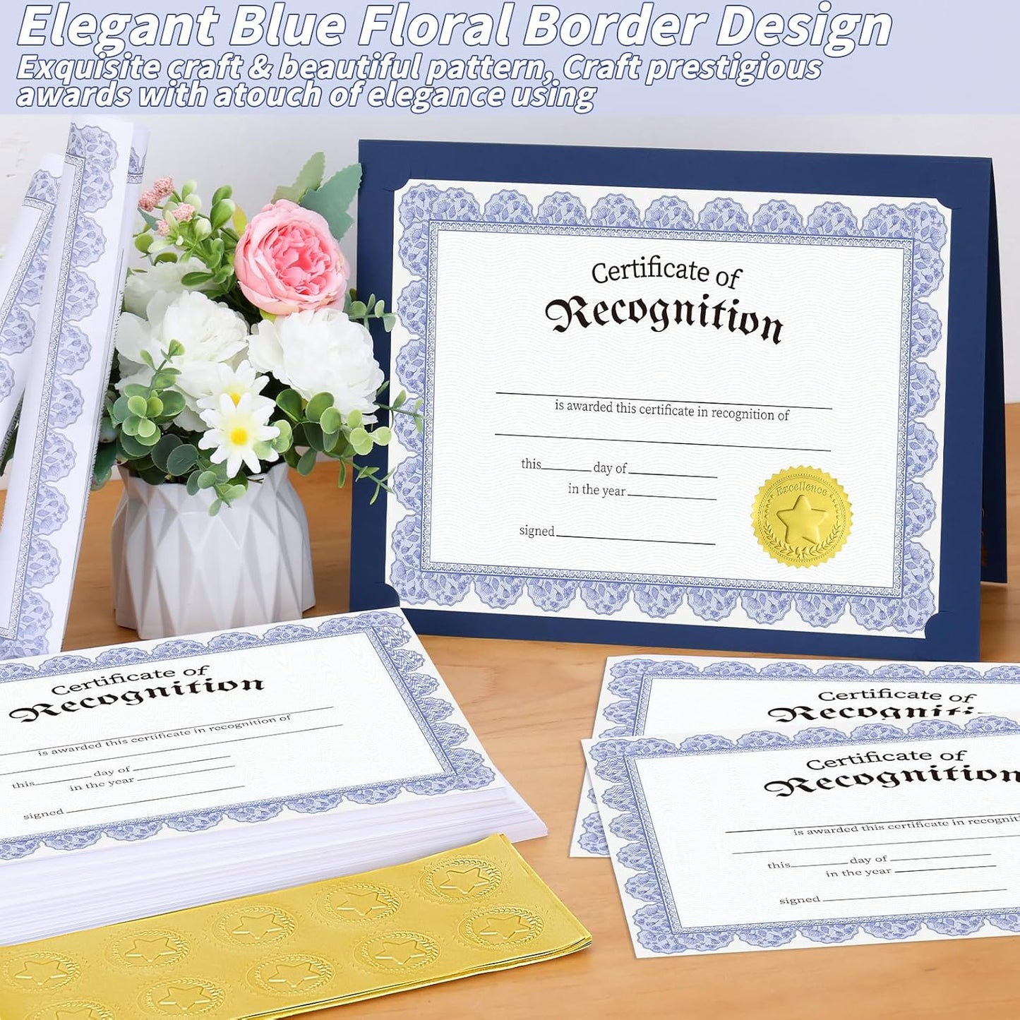 150 Pcs Blue Floral Certificate of Recognition Paper 8.5 x 11 In with Gold Foil Sticker Seals Prestige Certificate Award Paper Bundle Printable for Recognition Graduation Achievement Appreciation