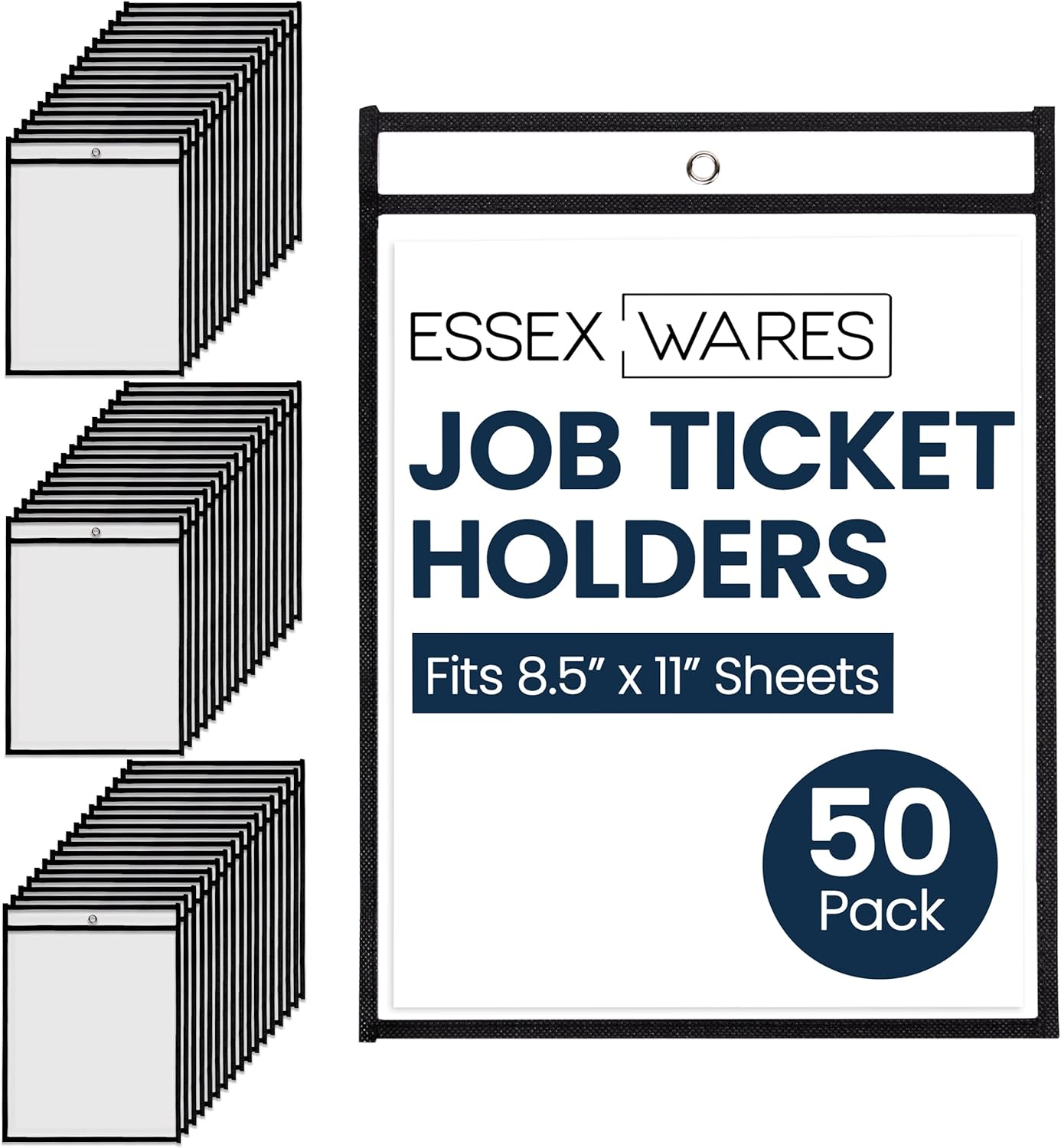 Essex Wares - 50 Pack, Black, Job Ticket Holders, 10" Wide x 13.5" Tall - Clear Plastic Shop Ticket Holders - Easy to Use, Reusable & Easy Erase Plastic Invoice Holders, Water-Resistant & Durable