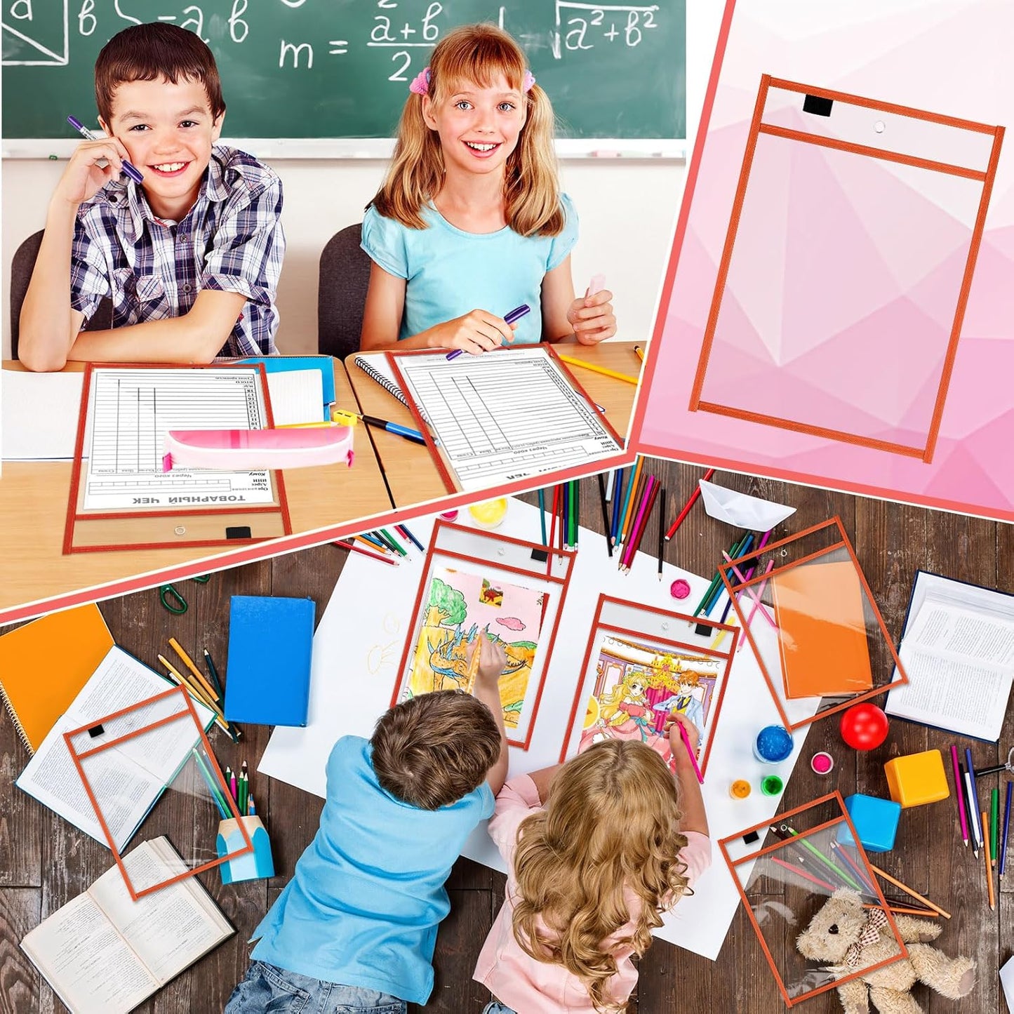 Seajan 120 Pcs Clear Dry Erase Pockets Plastic Sleeves for Paper 14 x 10 Inch Reusable Job Holder Shop Ticket Holders Order Pockets Organizer Teacher Supplies for Classroom (Red)