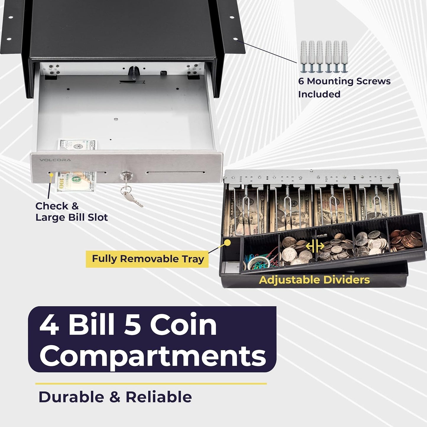 Cash Register Drawer with Under Counter Mounting Bracket - 13" Black Cash Drawer for POS, Stainless Steel Front, 4 Bill 5 Coin, Fully Removable 2 Tier Cash Tray, 24V RJ11/RJ12 Key-Lock, 2 Media Slots