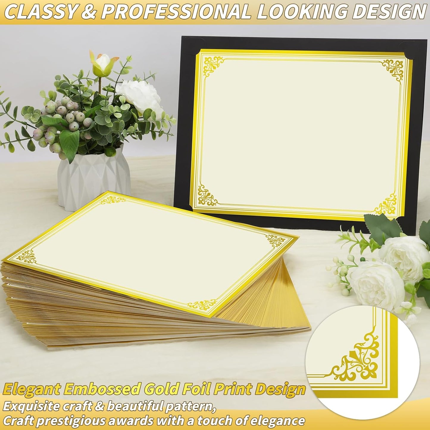 200 Sheet Gold Foil Award Certificate Paper Bulk 8.5 x 11 in for Printing Customizable Blank Cardstock Gold Border Certificate Laser and Inkjet Printer Friendly for Graduation Diploma Achievement