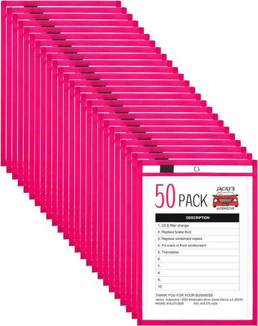 Nezyo Dry Erase Pockets Plastic Job Ticket Holders Shop Holder Order Pockets Clear Sleeves Tickets Folders Plastic Sleeves Paper Teacher Supplies for Classroom(14 x 10 in,Rose Red,50 Pcs)
