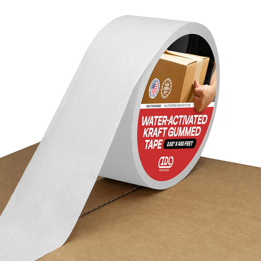 IDL Packaging 2.83" x 450 feet Reinforced Water-Activated Kraft Gummed Tape 30lb Thickness - Secure Paper Packing Tape for Secure Carton Sealing - Heavy-Duty for All Conditions, White