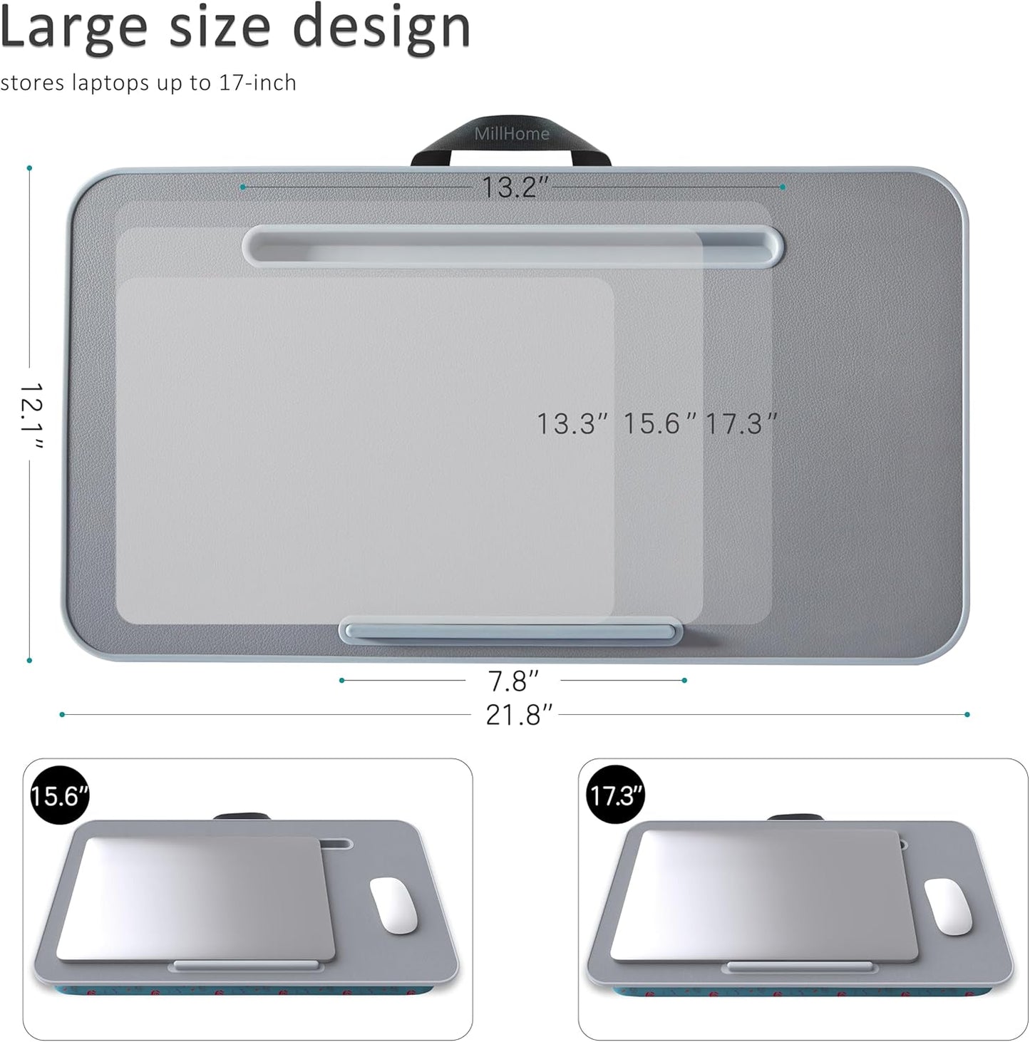 Millhome Lap Desk | Portable Laptop Desk – Fits Up to 17.3" Laptops – Detachable & Washable Cushion, Phone Holder, Device Ledge – for Writing, Working, Reading on Bed, Couch, Floor – Maui Blue Skull