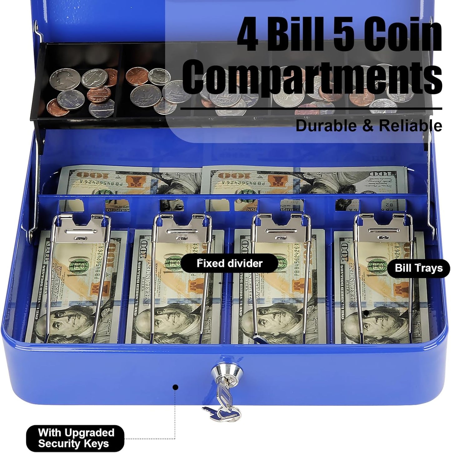 Large Locking Cash Box with Key Lock and Money Tray, Money Box with Cash Tray, Lock Safe Box for Office Business,11.8" x 9.5" x 3.5", Blue