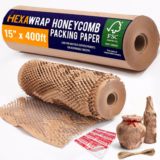Honeycomb Packing Paper 15" x 400ft with Rope & 20 Fragile Stickers|Shipping & Moving Supplies|Small Business Packaging Supplies|Eco Friendly Bubble Wrap Packing Boxes for Moving Certified FSC C204227