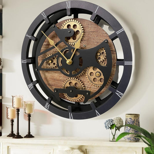 The Gears Clock 16 inches Wall Clock with Real Moving Gears Convertible into a Big Mantel Clock (Gold Antique)