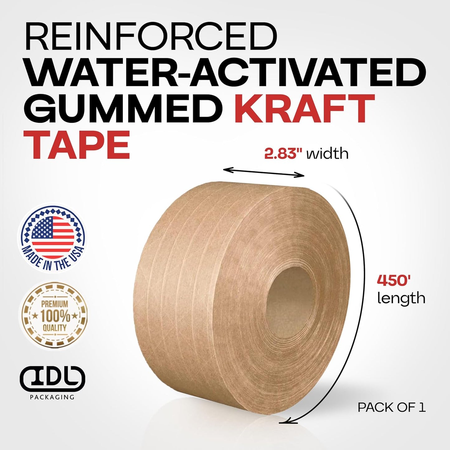 IDL Packaging 2.83" x 450 feet Reinforced Water-Activated Kraft Gummed Tape 30lb Thickness - Secure Paper Packing Tape for Secure Carton Sealing - Heavy-Duty Adhesive for All Conditions, Brown