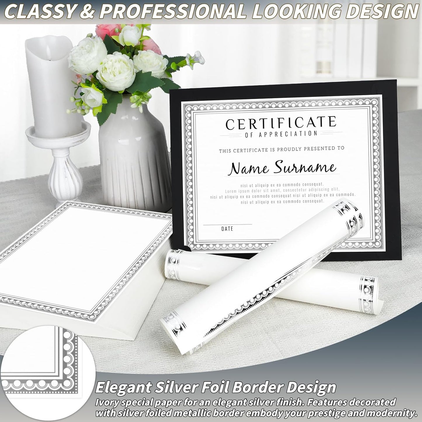 200 Sheet Silver Foil Award Certificate Paper Bulk 8.5 x 11 in for Printing Customizable Blank Cardstock Silver Border Certificate Laser and Inkjet Printer Friendly for Graduation Diploma Achievement