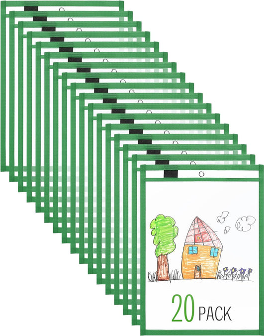 Nezyo Dry Erase Pockets Plastic Job Ticket Holders Shop Holder Order Pockets Clear Sleeves Tickets Folders Plastic Sleeves Paper Teacher Supplies for Classroom(14 x 10 in,Dark Green,20 Pcs)