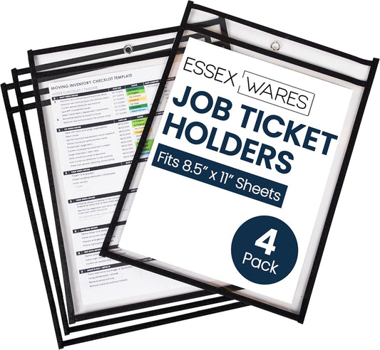 Essex Wares - 4 Pack, Black, Job Ticket Holders, 10" Wide x 13.5" Tall - Clear Plastic Shop Ticket Holders - Easy to Use, Reusable & Easy Erase Plastic Invoice Holders, Water-Resistant & Durable