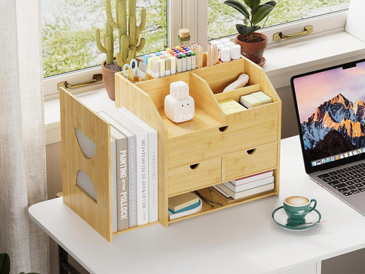 Bamboo Desktop Organizer with 3 Drawers 4 Tier Tabletop Organization Box with Adjustable File Book Holder A4 Full Size Drawer for Office Home