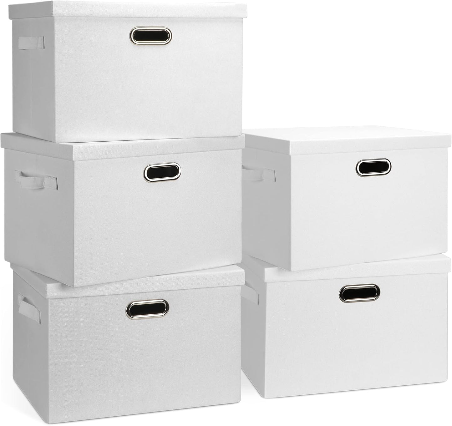 Large 17" 36 Quart Collapsible Stackable Storage Bins with Lids, 5 Packs White Linen Fabric Closet Boxes with Lids, Storage Cube Baskets Container Organizers for Bedroom Office(17 x12 x11)