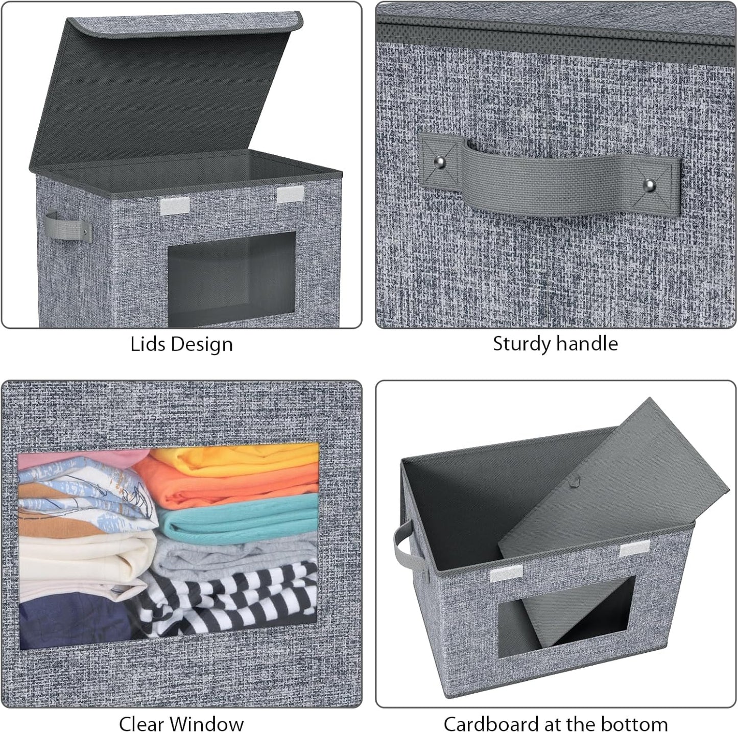 Univivi Fabric Foldable Storage Boxes [4-Pack] Large Collapsible Stackable Storage Bins with Lids, Closet Organizers and Storage Cube Basket for Home, Office, Bedroom (Grey, 17'' x 12'' x 12")