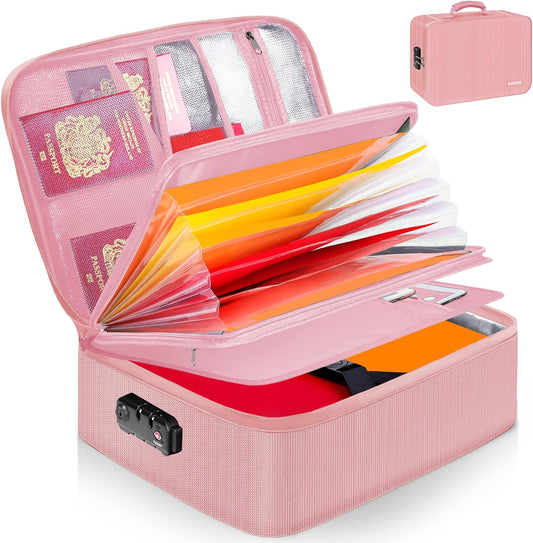 Noiposi Document Organizer with 5200℉ Heat Insulated,16.1"x11.4"x4.3" Waterproof and Fireproof Document Box,Portable Home Travel Safe Storage Box for Important Documents and File,Pink