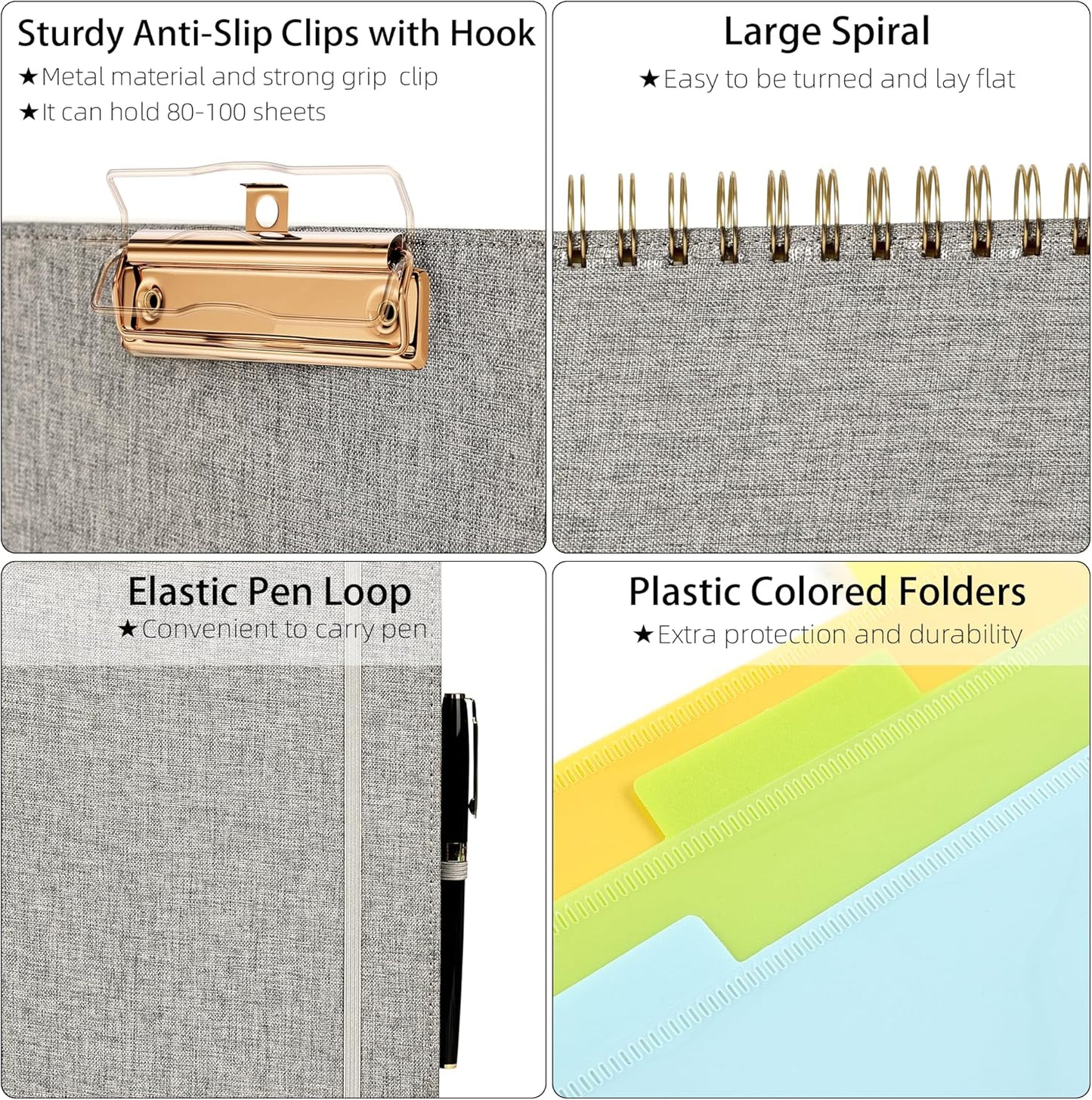 Ospelelf Foldable Spiral Clipboard Folio with Storage Zipper Pouch, 5 Plastic Folders with 10 Pockets,Refillable Lined Notepad (11" x 8.5"), Hardcover Project Organizer with 39 Stickers (Grey)