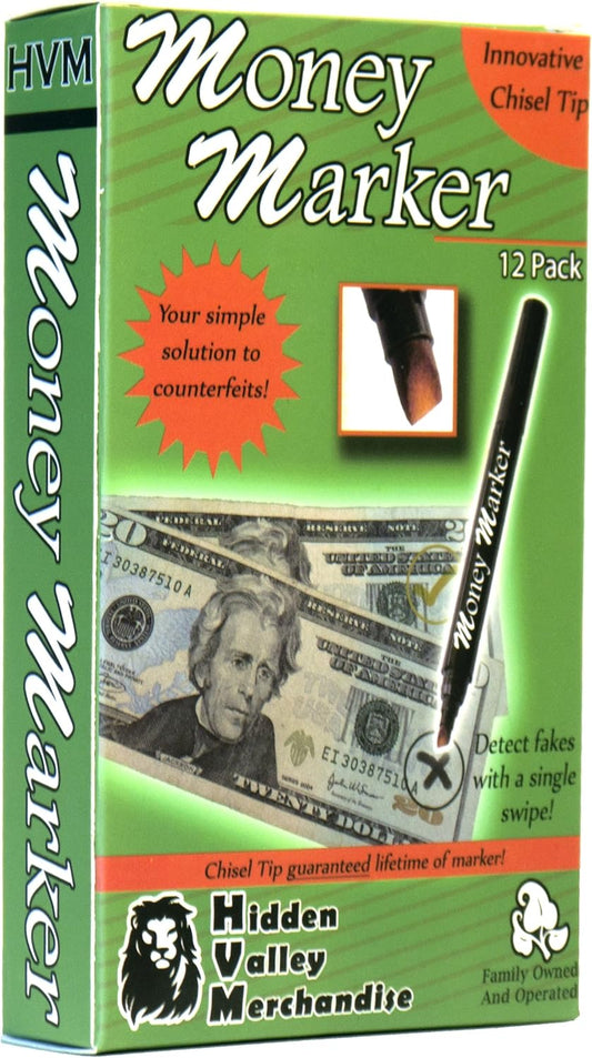 HVM Counterfeit Money Detector Pen (12 Counterfeit Pens) - Money Marker Bill Detector Pen with Upgraded Chisel Tip - Detect Fake Bills, Universal False Currency Checker Pack