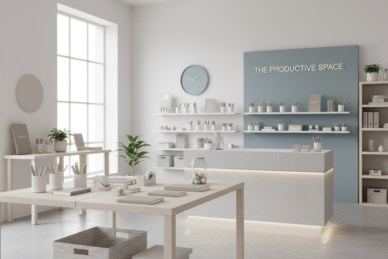 office supplies shop theme, Simple, calm, focused, and efficient feeling